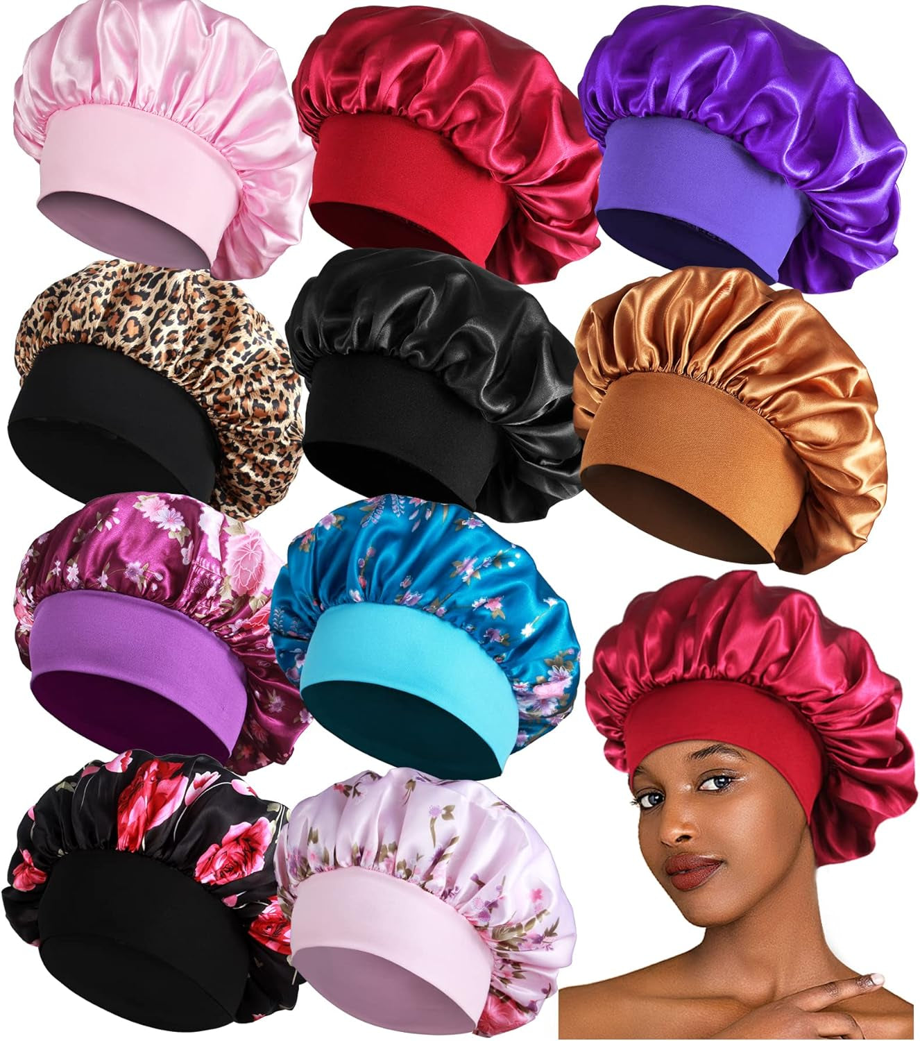 10PCS Satin Bonnets for Women Sleeping, Large Braids Bonnet Wide Band Hair Bonnets