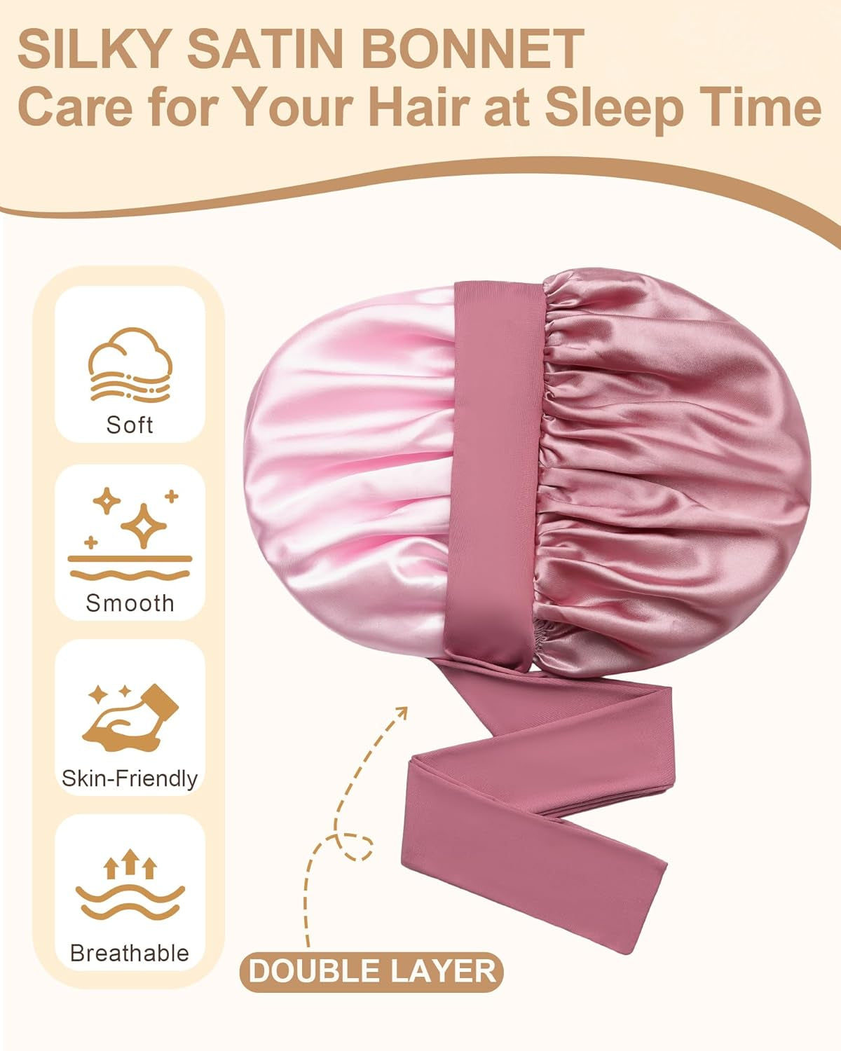 Satin Bonnet for Women Silk Bonnets for Sleeping Curly Hair Bonnet with Elastic Tie Band Reversible Double Layer Sleep Cap Hair Wrap (Bean Paste + Pink)