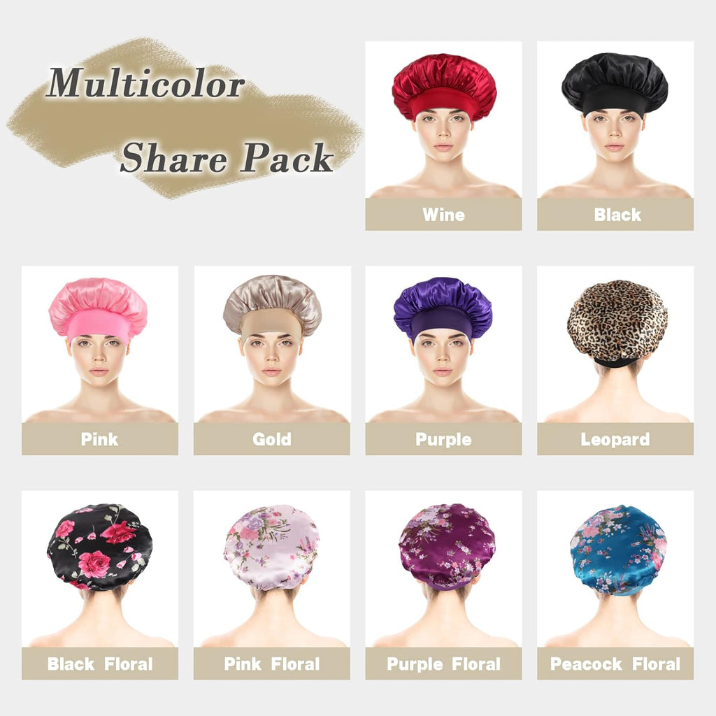 10 Pcs Bonnet, Superior Satin Bonnet with Elastic Wide Band, Silk Hair Bonnet for Sleeping Women Men Curly Dreadlock Braid Hair (Multicolor Share Pack)