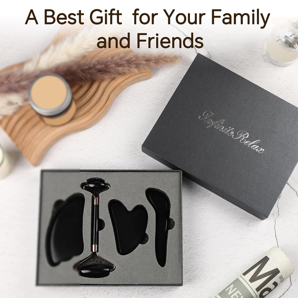 Natural Jade & Obsidian Gua Sha Set of 4 - Premium Face Sculpting Tools Eyes Roller Massager Jade Roller for Jawline, Double Chin Reduction & Lymphatic Drainage Women'S Anti-Aging Skincare Kit
