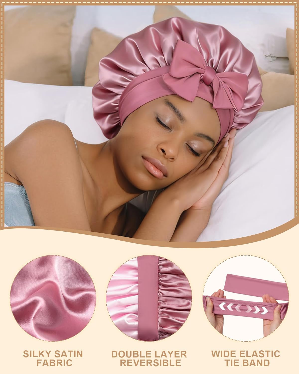Satin Bonnet for Women Silk Bonnets for Sleeping Curly Hair Bonnet with Elastic Tie Band Reversible Double Layer Sleep Cap Hair Wrap (Bean Paste + Pink)