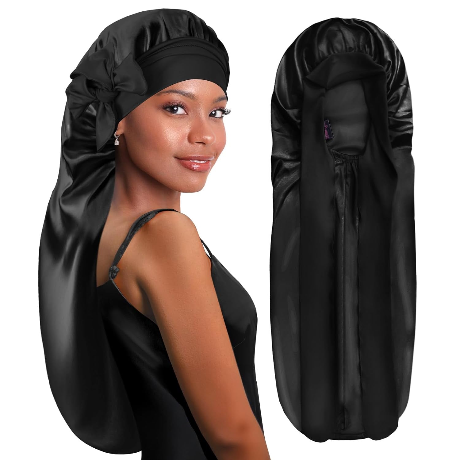 Braid Bonnet Silk Bonnet Foldable Extra Long Wrap for Braids Satin Bonnets with Tie Band Long Sleep Cap, Black