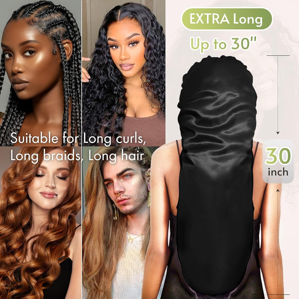 Braid Bonnet Silk Bonnet Foldable Extra Long Wrap for Braids Satin Bonnets with Tie Band Long Sleep Cap, Black
