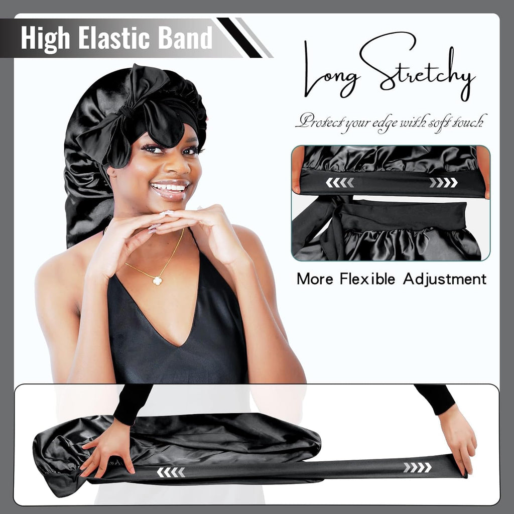 Braid Bonnet Silk Bonnet Foldable Extra Long Wrap for Braids Satin Bonnets with Tie Band Long Sleep Cap, Black