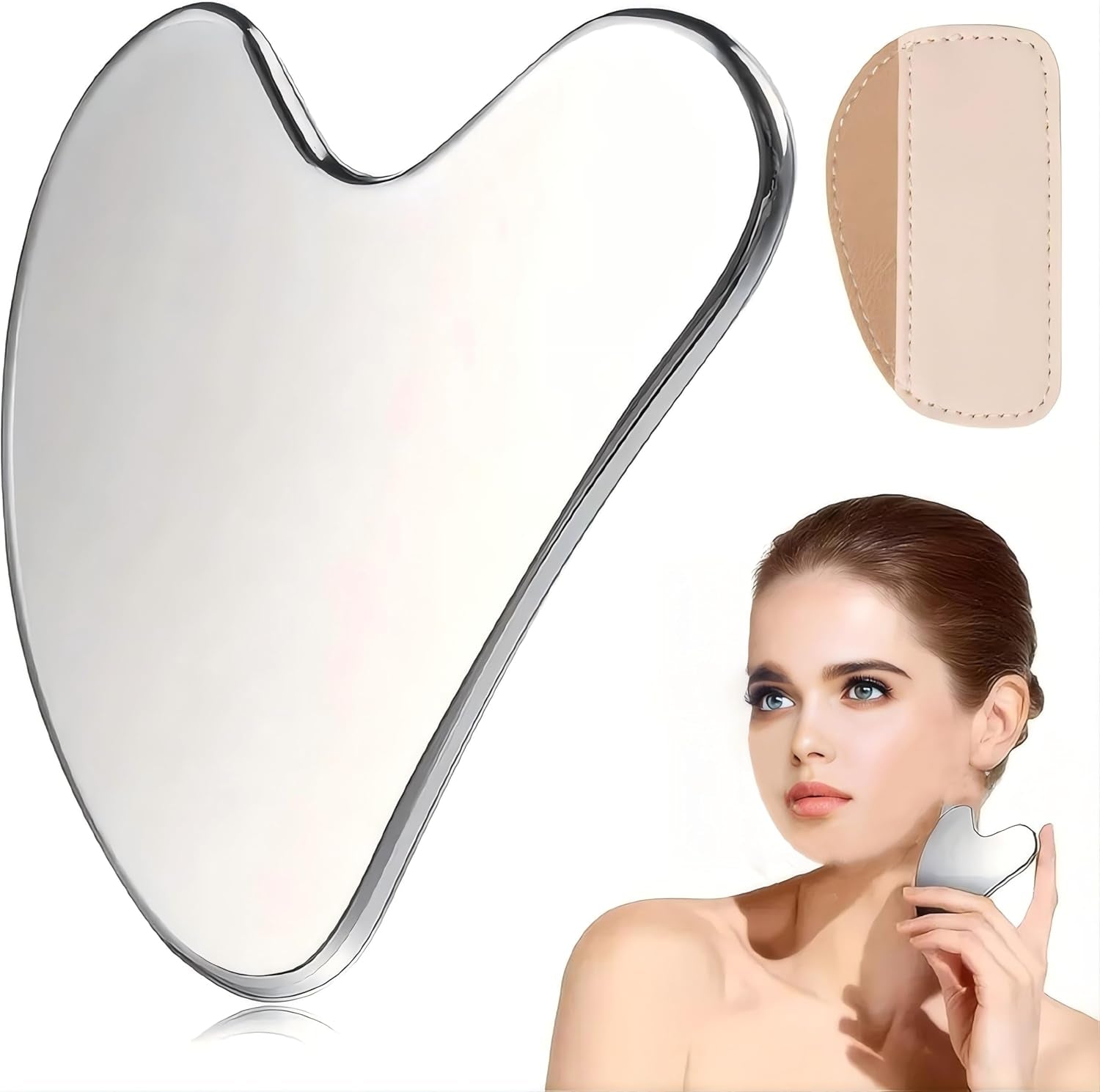 Stainless Steel Gua Sha Facial Tools Set, Metal Guasha Tool for Face and Body Massage（Scraping Board+Leather Cover）