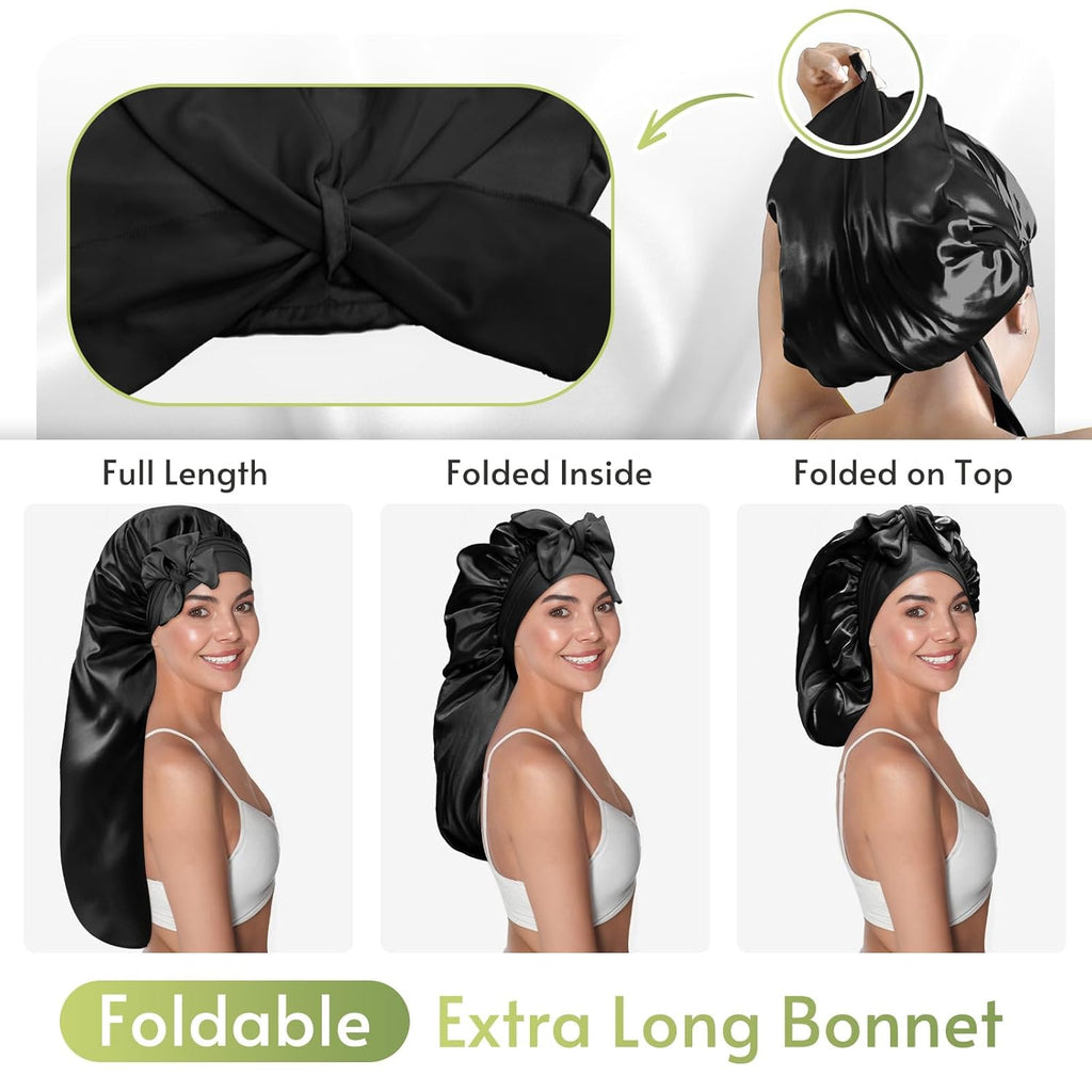 Braid Bonnet Silk Bonnet Foldable Extra Long Wrap for Braids Satin Bonnets with Tie Band Long Sleep Cap, Black