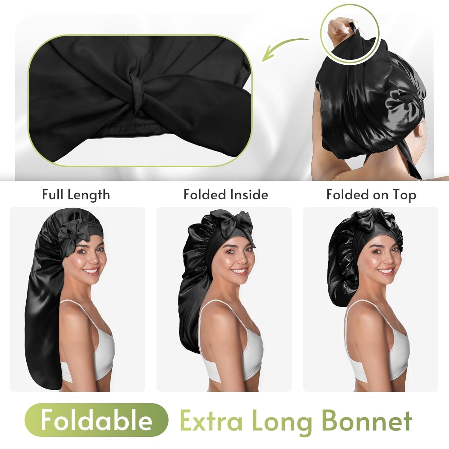 Braid Bonnet Silk Bonnet Foldable Extra Long Wrap for Braids Satin Bonnets with Tie Band Long Sleep Cap, Black