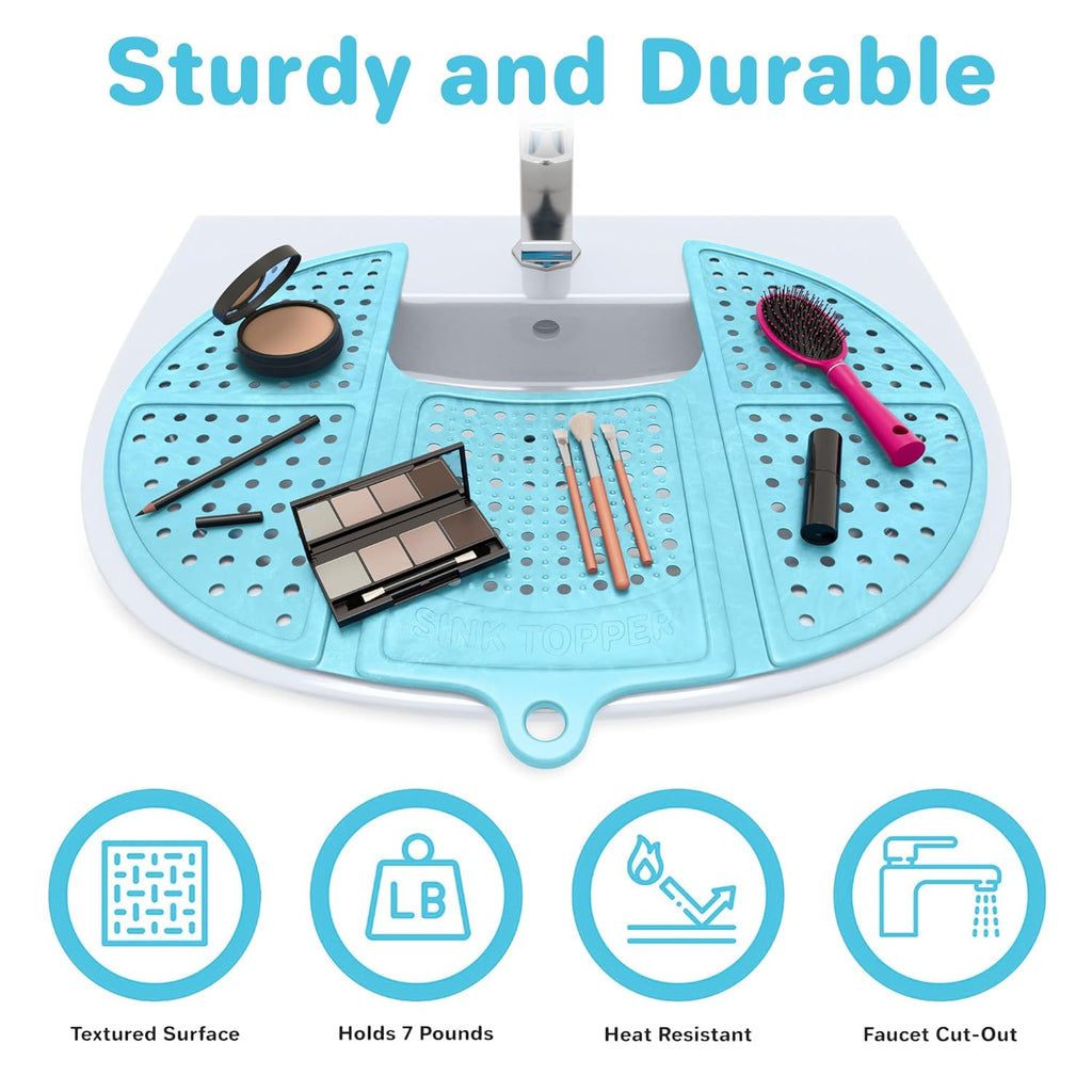 Bathroom Sink Cover for Counter Space & Storage Saver | RV Must Haves | Silicone Foldable Beauty Makeup Brush Cleaning Mat | Hot Tools Organizer | RV Sink Cover | Standard, Pacific Blue