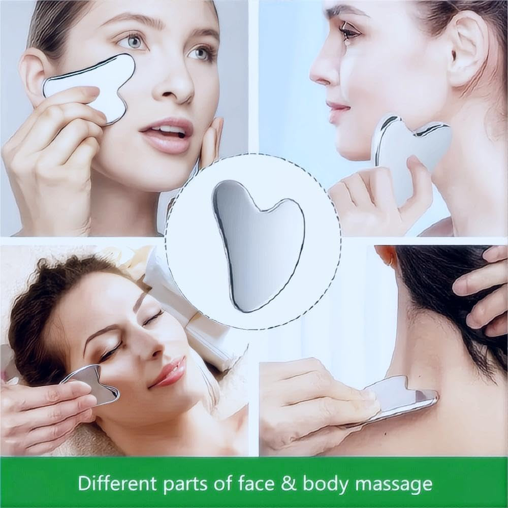 Stainless Steel Gua Sha Facial Tools Set, Metal Guasha Tool for Face and Body Massage（Scraping Board+Leather Cover）