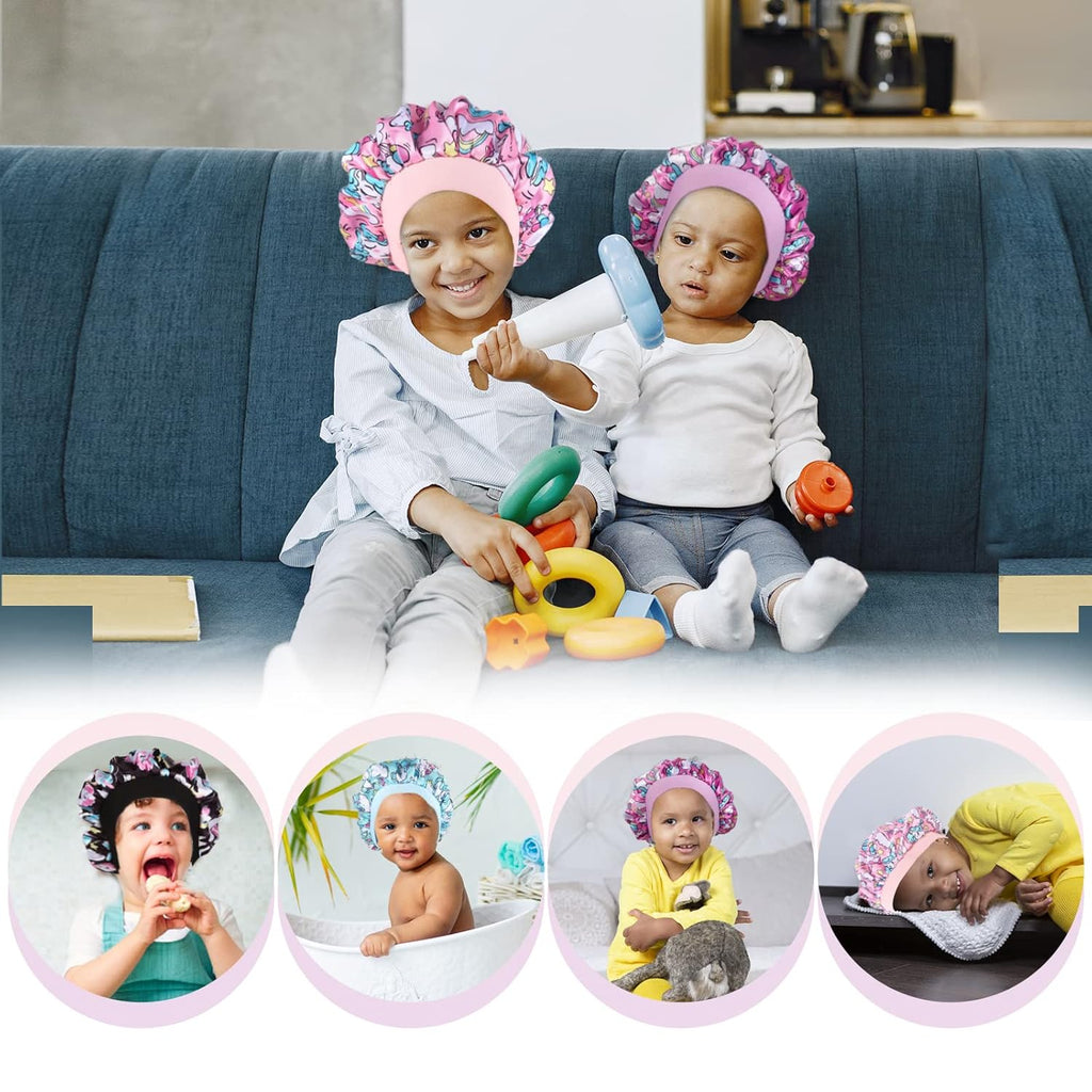 4 Pack Kids Satin Sleep Bonnets Girl Silk Hair Caps Wide Band for Curly Hair