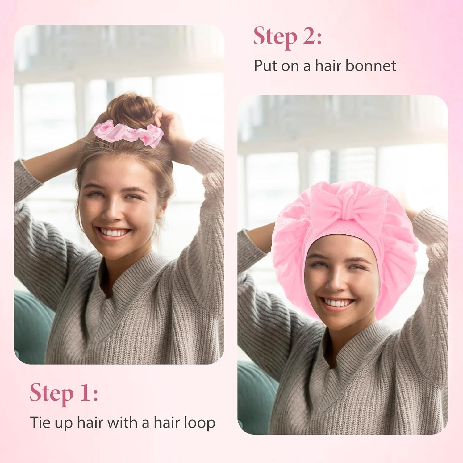 Satin Bonnet for Women, Silk Hair Bonnet for Sleeping Cap with Tie Band and Scrunchies, Hair Bonnet for Curly Hair Braid