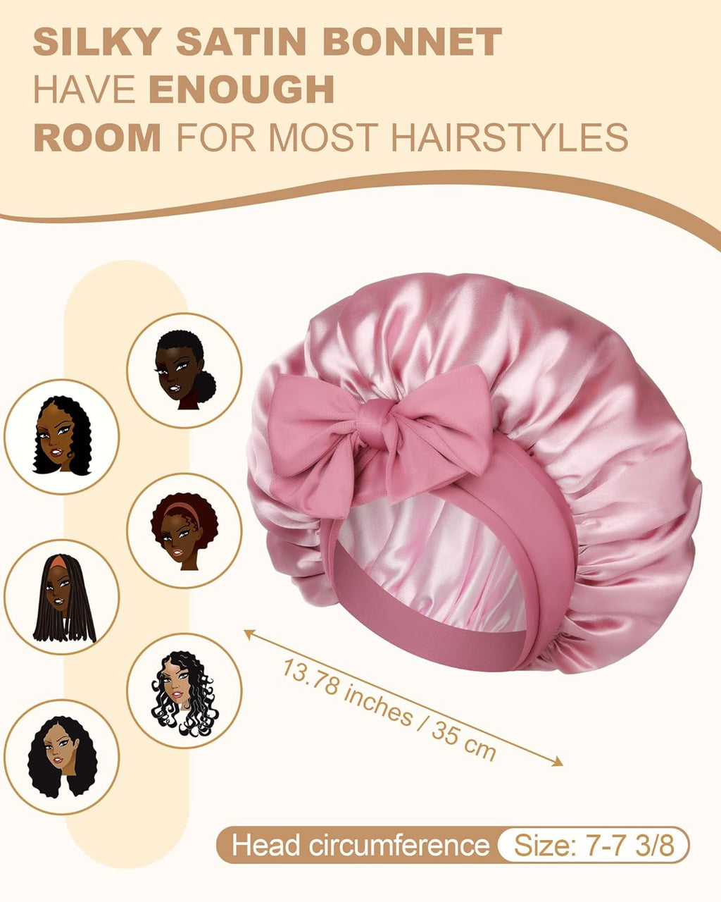 Satin Bonnet for Women Silk Bonnets for Sleeping Curly Hair Bonnet with Elastic Tie Band Reversible Double Layer Sleep Cap Hair Wrap (Bean Paste + Pink)