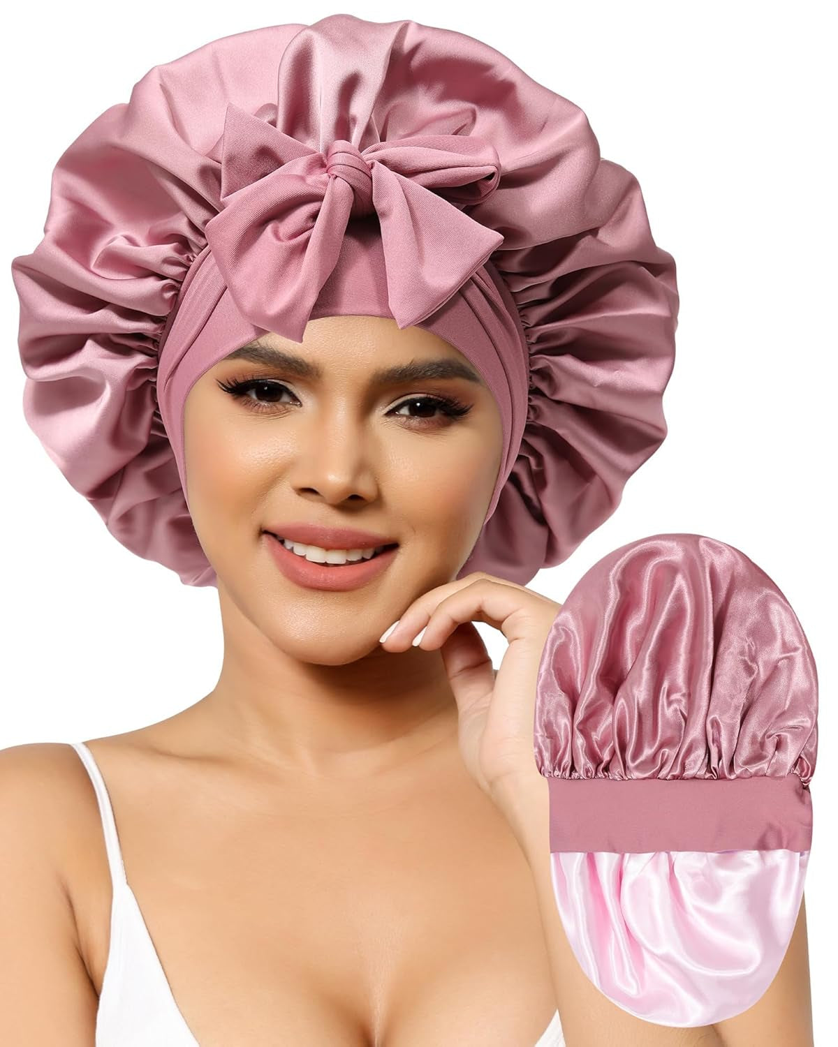 Satin Bonnet for Women Silk Bonnets for Sleeping Curly Hair Bonnet with Elastic Tie Band Reversible Double Layer Sleep Cap Hair Wrap (Bean Paste + Pink)