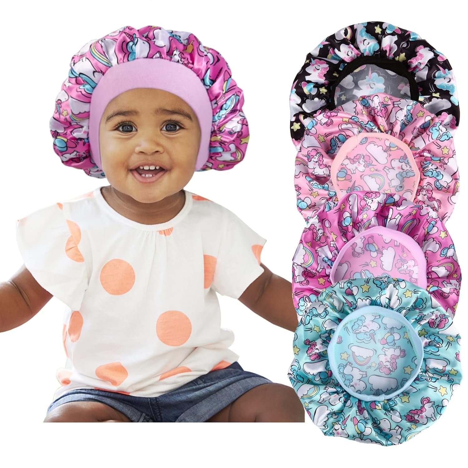 4 Pack Kids Satin Sleep Bonnets Girl Silk Hair Caps Wide Band for Curly Hair