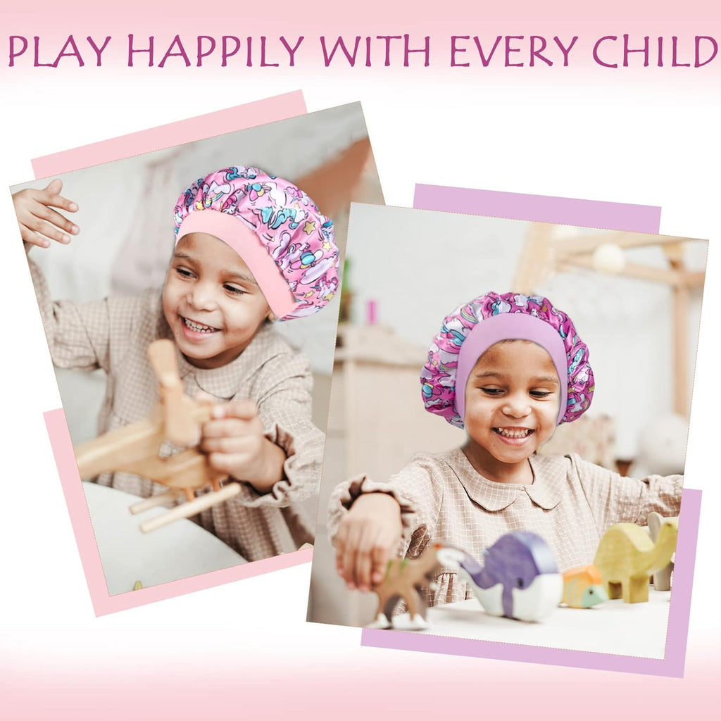 4 Pack Kids Satin Sleep Bonnets Girl Silk Hair Caps Wide Band for Curly Hair