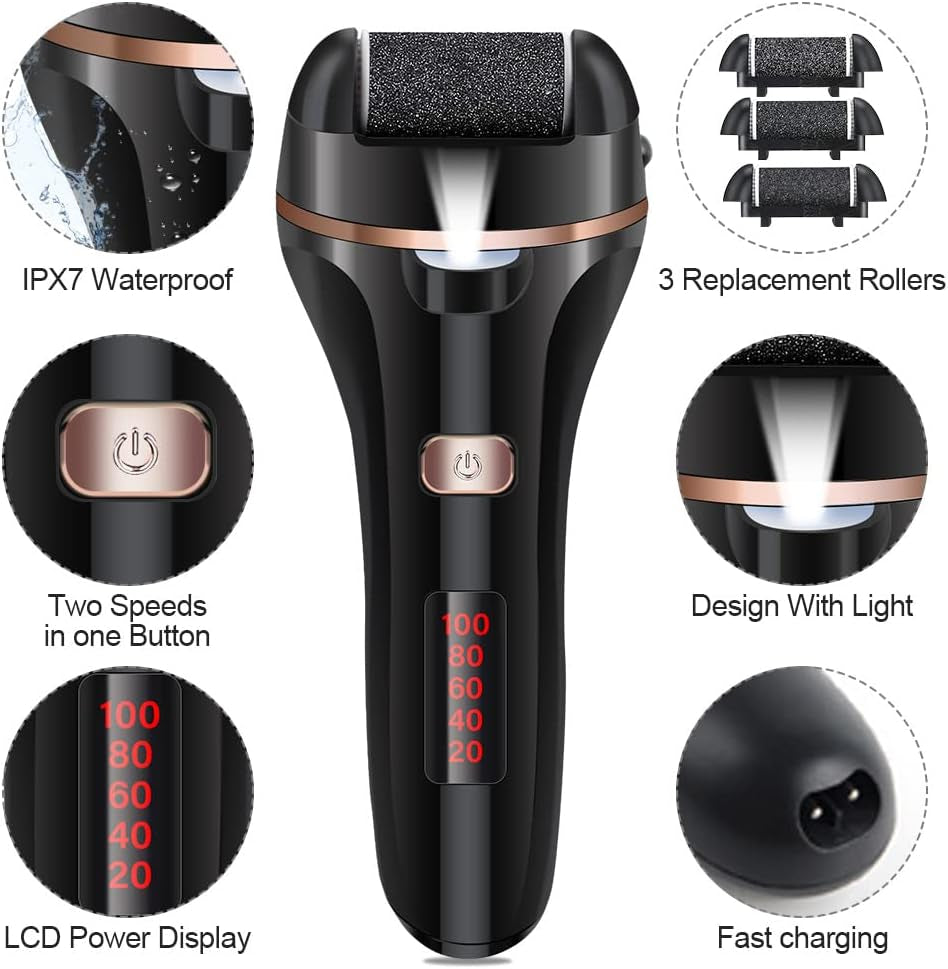 Electric Foot File Callus Remover, Rechargeable Pedicure Tools Foot Care Kit, Callus Remover for Feet with 3 Roller Heads,2 Speed for Remove Cracked Heels Calluses and Hard Skin