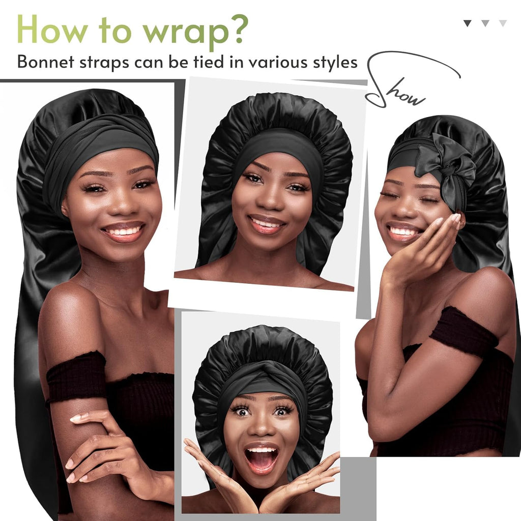 Braid Bonnet Silk Bonnet Foldable Extra Long Wrap for Braids Satin Bonnets with Tie Band Long Sleep Cap, Black