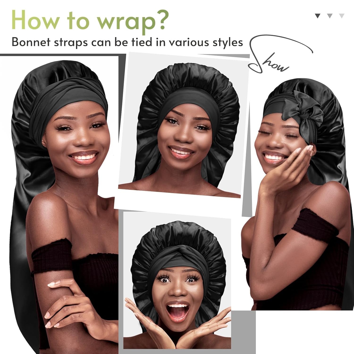 Braid Bonnet Silk Bonnet Foldable Extra Long Wrap for Braids Satin Bonnets with Tie Band Long Sleep Cap, Black