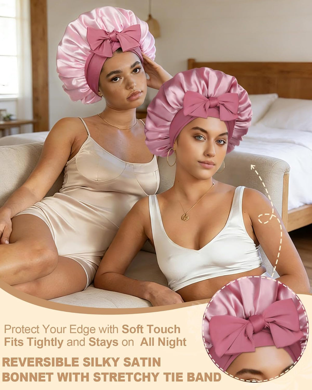 Satin Bonnet for Women Silk Bonnets for Sleeping Curly Hair Bonnet with Elastic Tie Band Reversible Double Layer Sleep Cap Hair Wrap (Bean Paste + Pink)