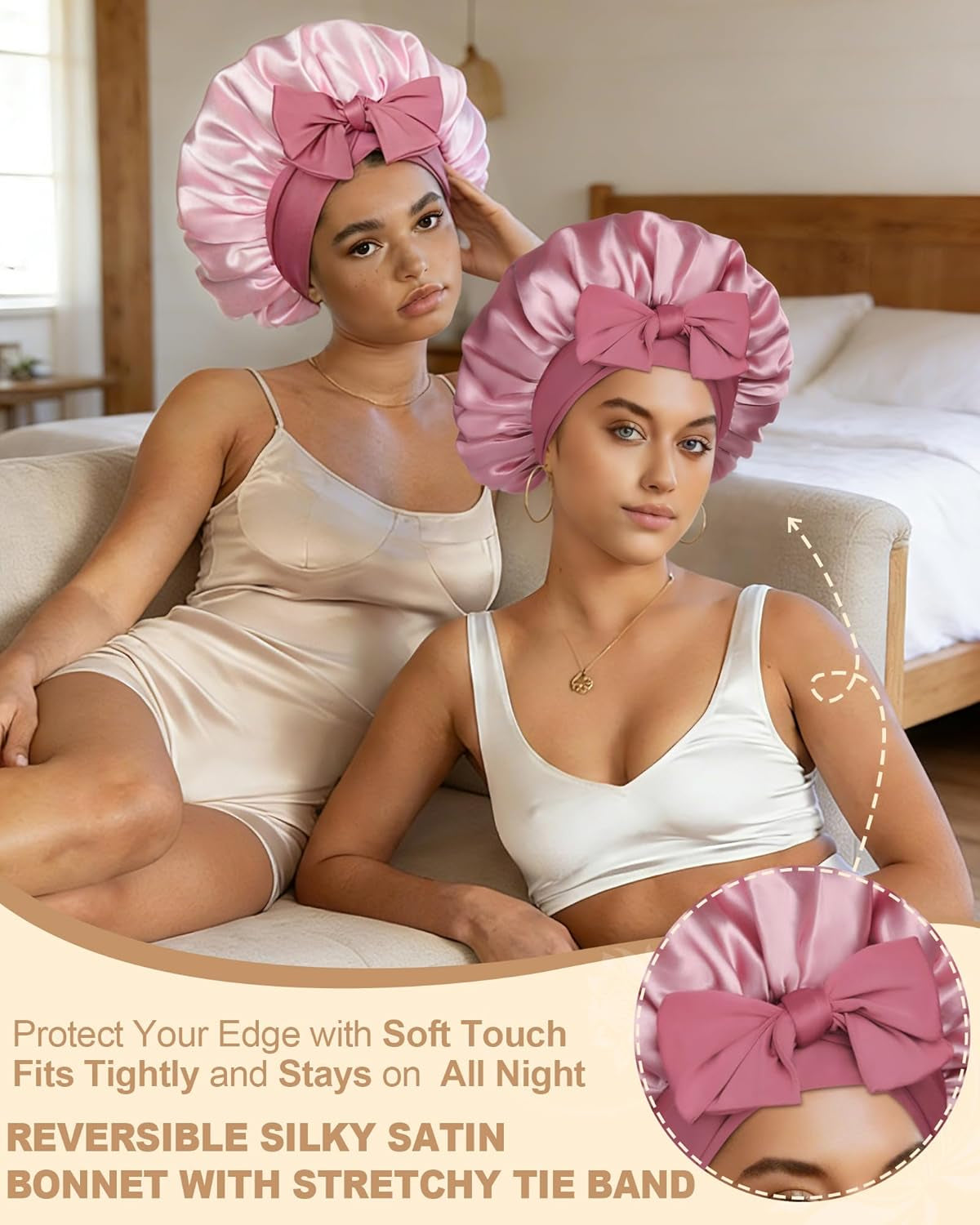 Satin Bonnet for Women Silk Bonnets for Sleeping Curly Hair Bonnet with Elastic Tie Band Reversible Double Layer Sleep Cap Hair Wrap (Bean Paste + Pink)