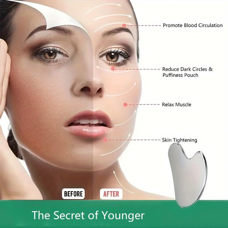 Stainless Steel Gua Sha Facial Tools Set, Metal Guasha Tool for Face and Body Massage（Scraping Board+Leather Cover）