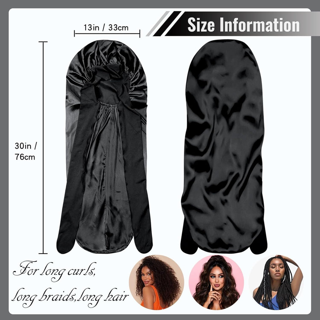 Braid Bonnet Silk Bonnet Foldable Extra Long Wrap for Braids Satin Bonnets with Tie Band Long Sleep Cap, Black