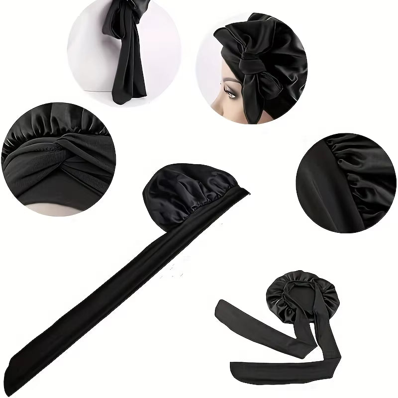 2PCS Satin Bonnets with Tie Band (Pink+Black), Sleeping Cap for Women, Soft Hair Care Night Sleep Hats, Multi-Use Hair Bonnets F