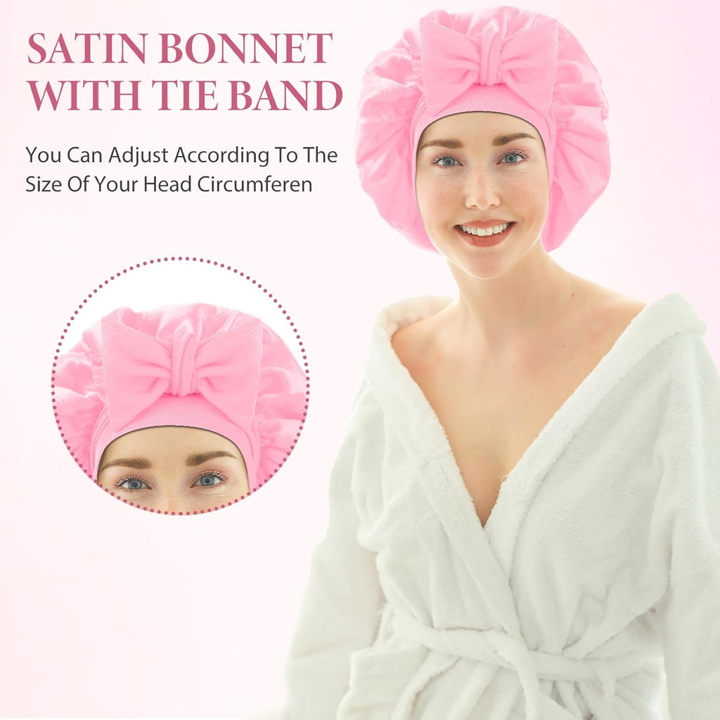 Satin Bonnet for Women, Silk Hair Bonnet for Sleeping Cap with Tie Band and Scrunchies, Hair Bonnet for Curly Hair Braid