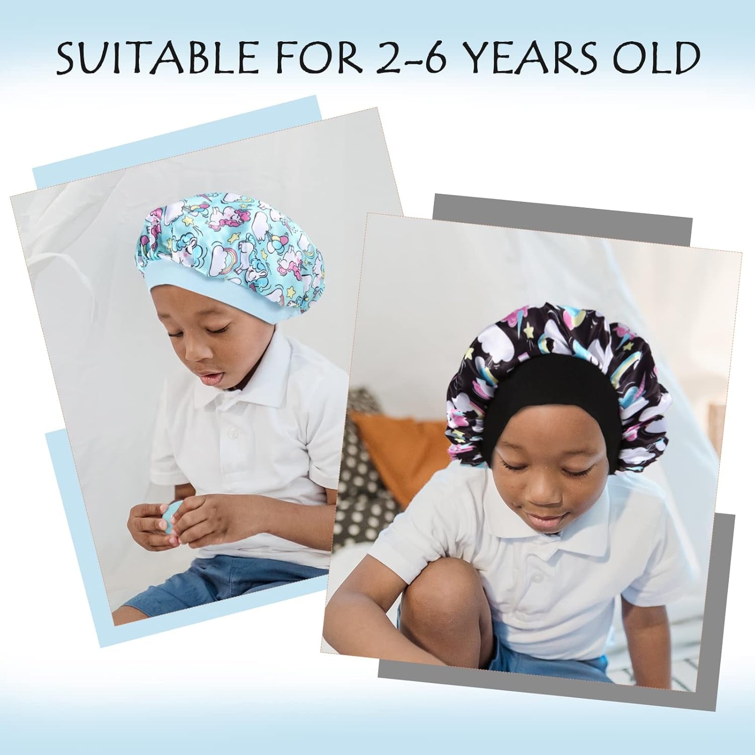 4 Pack Kids Satin Sleep Bonnets Girl Silk Hair Caps Wide Band for Curly Hair