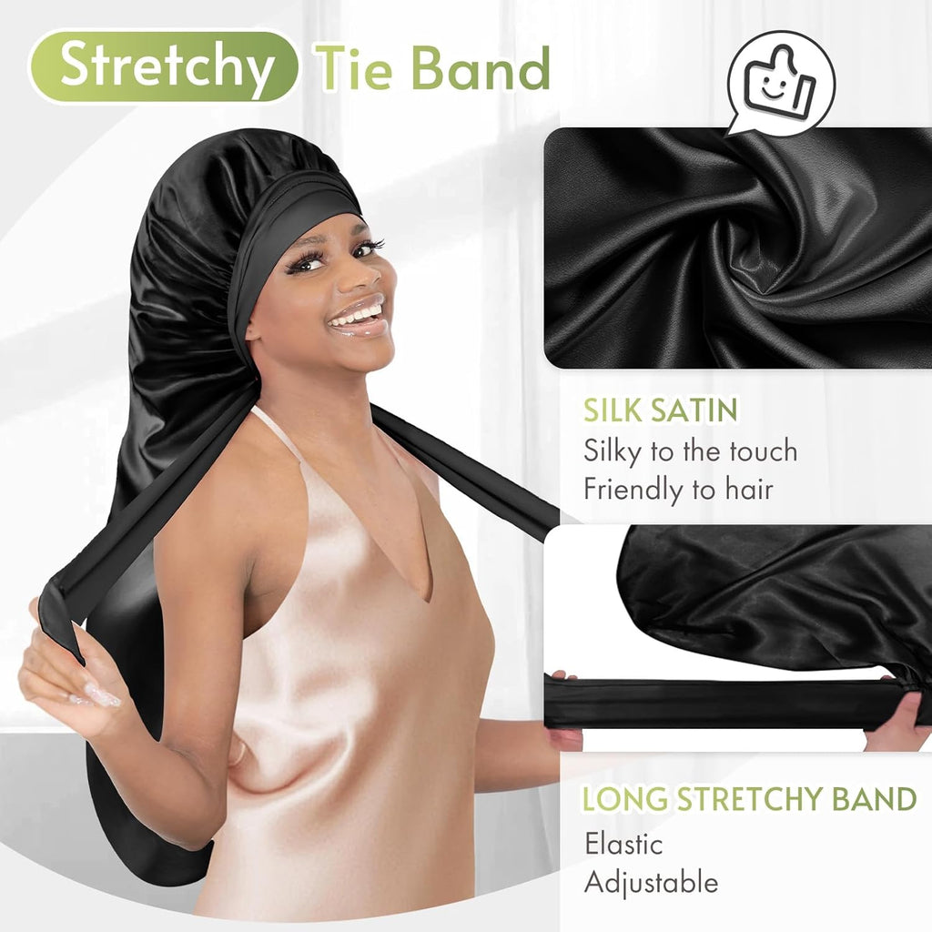Braid Bonnet Silk Bonnet Foldable Extra Long Wrap for Braids Satin Bonnets with Tie Band Long Sleep Cap, Black